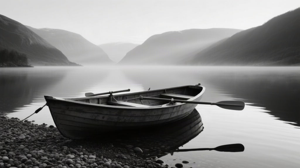 A small wooden rowboat pulled up on a pebble shore of a still fjord, oars resting inside, mountains fading into mist beh