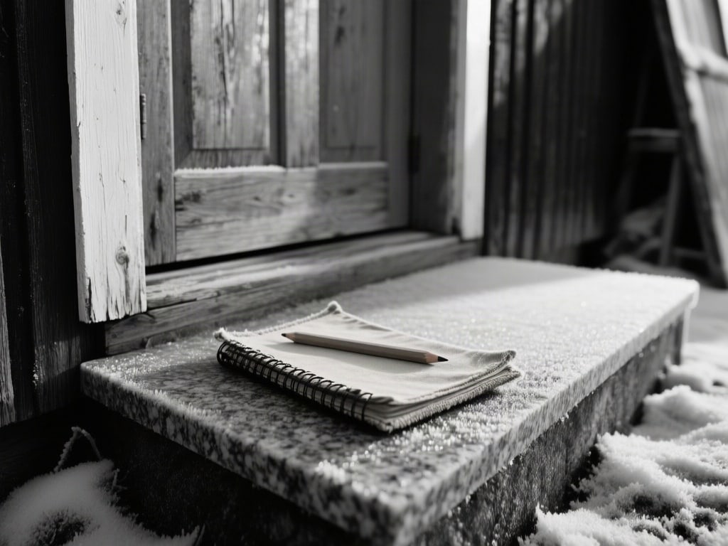 A worn canvas field notebook with a short wooden pencil resting on a frosted granite doorstep outside a closed wooden wo