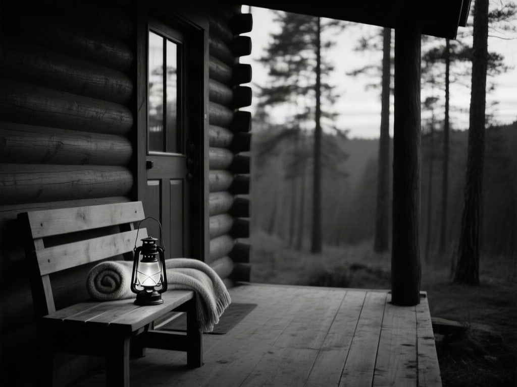 An empty wooden porch bench with a rolled wool blanket and an unlit storm lantern beside a cabin door at dusk, pine fore