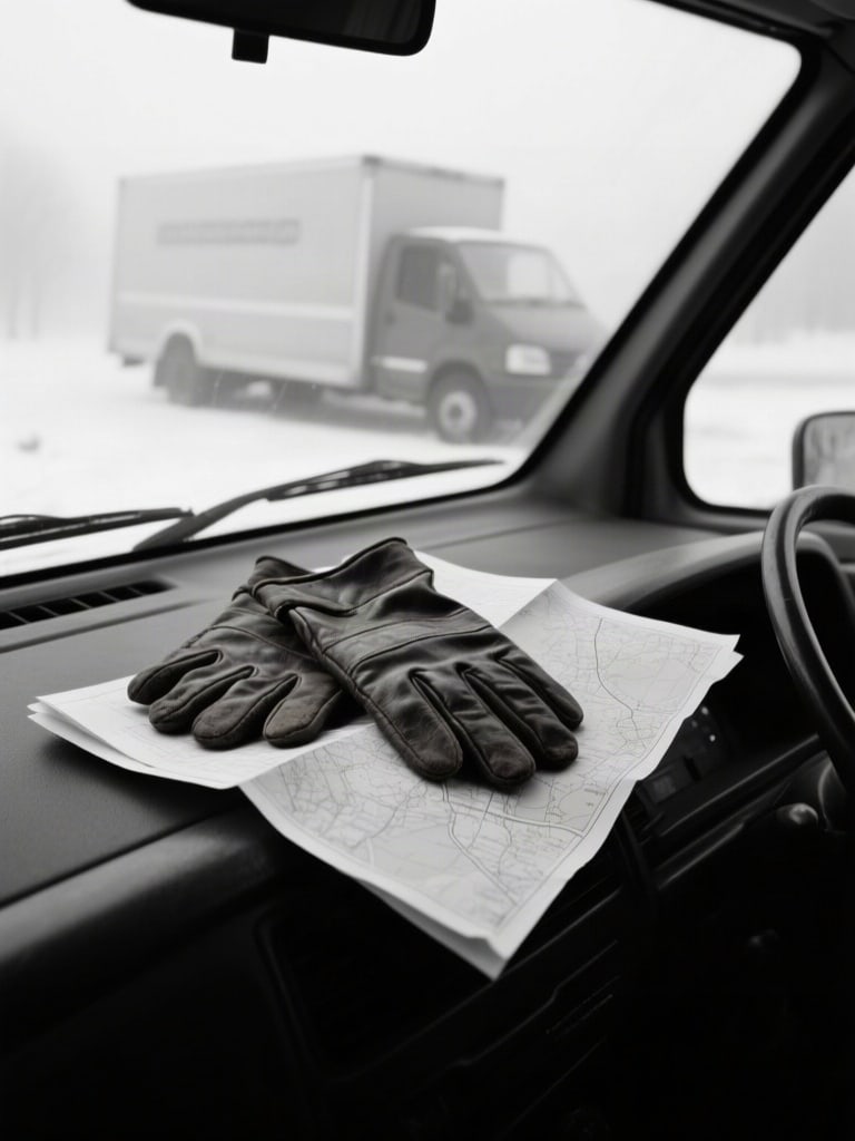A pair of worn leather work gloves and a folded paper map lying on the dashboard of a parked delivery van, windscreen fo